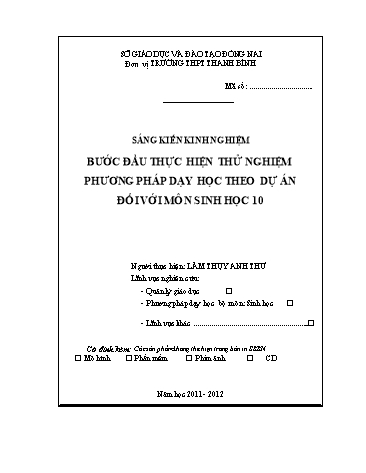 Sáng kiến kinh nghiệm Bước đầu thực hiện thử nghiệm phương pháp dạy học theo dự án đối với môn Sinh học 10