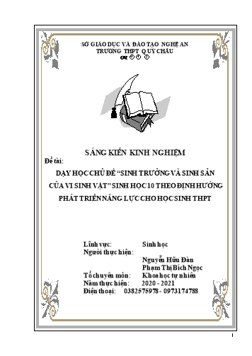 Sáng kiến kinh nghiệm Dạy học chủ đề “Sinh trưởng và sinh sản của vi sinh vật” Sinh học 10 theo định hướng phát triển năng lực cho học sinh THPT