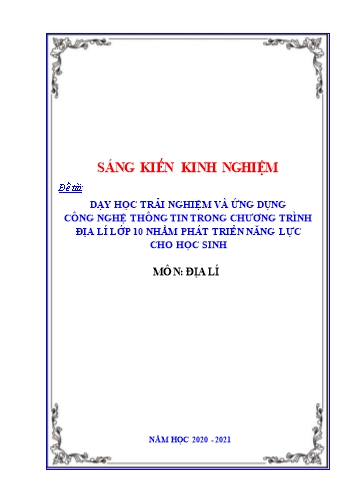 Sáng kiến kinh nghiệm Dạy học trải nghiệm và ứng dụng công nghệ thông tin trong chương trình Địa lí lớp 10 nhằm phát triển năng lực cho học sinh