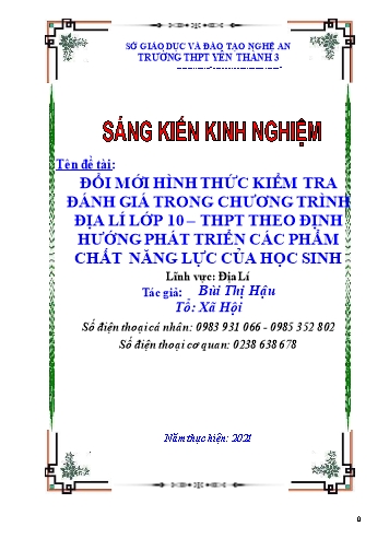 Sáng kiến kinh nghiệm Đổi mới hình thức kiểm tra đánh giá trong chương trình địa lí lớp 10–THPT theo định hướng phát triển các phẩm chất năng lực của học sinh