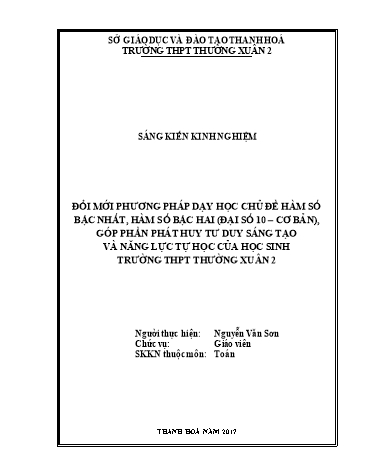 Sáng kiến kinh nghiệm Đổi mới phương pháp dạy học chủ đề hàm số bậc nhất, hàm số bậc hai (Đại số 10 – Cơ bản), góp phần phát huy tư duy sáng tạo và năng lực tự học của học sinh trường THPT Thường Xuân 2