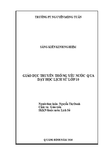 Sáng kiến kinh nghiệm Giáo dục truyền thống yêu nước của dân tộc Việt Nam thời phong kiến - Lớp 10