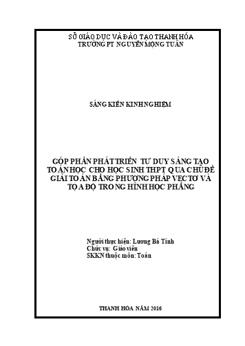 Sáng kiến kinh nghiệm Góp phần phát triển tư duy sáng tạo toán học cho học sinh THPT qua chủ đề giải toán bằng phương pháp vectơ và toạ độ trong hình học phẳng