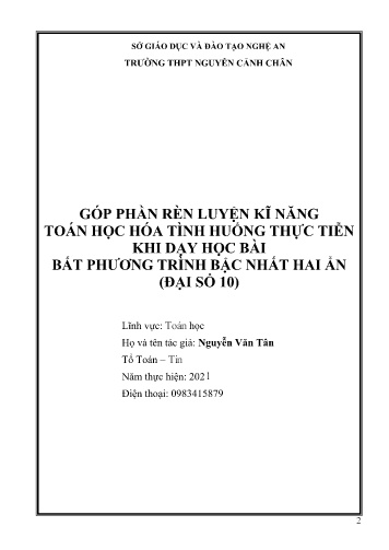 Sáng kiến kinh nghiệm Góp phần rèn luyện kĩ năng toán học hóa tình huống thực tiễn cho học sinh khi dạy học bài bất phương trình bậc nhất hai ẩn (Đại số 10)