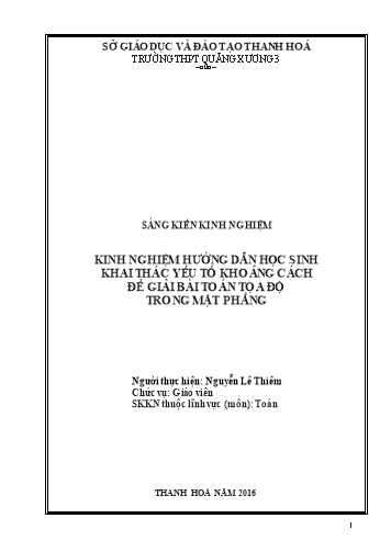 Sáng kiến kinh nghiệm Kinh nghiệm hướng dẫn học sinh khai thác yếu tố khoảng cách để giải bài toán tọa độ trong mặt phẳng