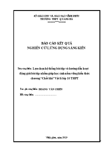 Sáng kiến kinh nghiệm Lựa chọn hệ thống bài tập và hướng dẫn hoạt động giải bài tập nhằm giúp học sinh nắm vững kiến thức chương “Chất khí” Vật lí lớp 10 THPT