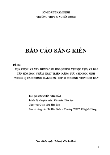 Sáng kiến kinh nghiệm Lựa chọn và xây dựng câu hỏi (nhiệm vụ học tập) và bài tập hóa hóa học nhằm phát triển năng lực cho học sinh thông qua chương halogen lớp 10 chương trình cơ bản