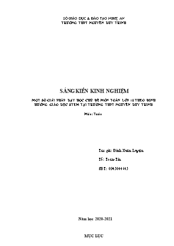 Sáng kiến kinh nghiệm Một số giải pháp dạy học chủ đề môn Toán lớp 10 theo định hướng giáo dục STEM tại trường THPT Nguyễn Duy Trinh