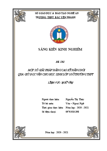 Sáng kiến kinh nghiệm Một số giải pháp nâng cao kĩ năng nói qua giờ đọc văn cho học sinh lớp 10 ở trường THPT