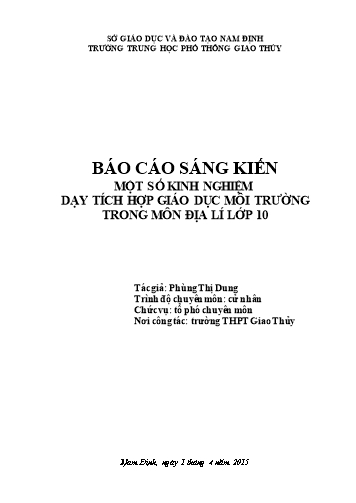 Sáng kiến kinh nghiệm Một số kinh nghiệm dạy tích hợp giáo dục môi trường trong môn Địa lí lớp 10