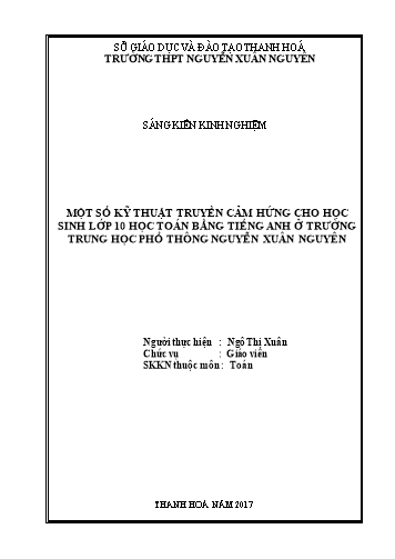 Sáng kiến kinh nghiệm Một số kỹ thuật truyền cảm hứng cho học sinh lớp 10 học toán bằng tiếng Anh ở trường Trung học Phổ thông Nguyễn Xuân Nguyên