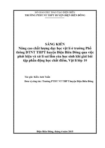 Sáng kiến kinh nghiệm Nâng cao chất lượng dạy học vật lí ở trường Phổ thông DTNT THPT huyện Điện Biên Đông qua việc phát hiện và xử lí sai lầm của học sinh khi giải bài tập phần động học chất điểm, Vật lí lớp 10