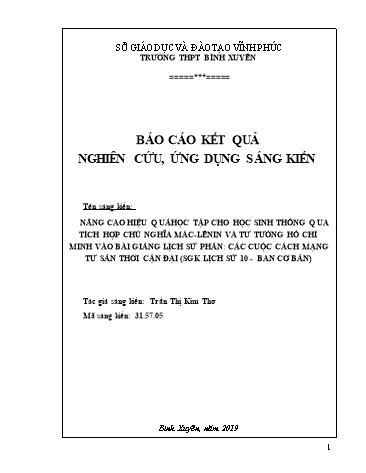 Sáng kiến kinh nghiệm Nâng cao hiệu quả học tập cho học sinh thông qua tích hợp chủ nghĩa Mác - Lênin và tư tưởng Hồ Chí Minh vào bài giảng lịch sử phần các cuộc cách mạng tư sản thời cận đại