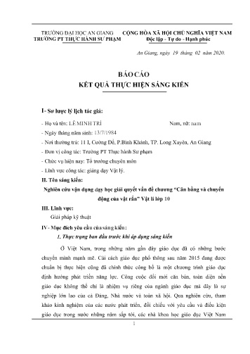 Sáng kiến kinh nghiệm Nghiên cứu vận dụng dạy học giải quyết vấn đề chương “Cân bằng và chuyển động của vật rắn” Vật lí lớp 10