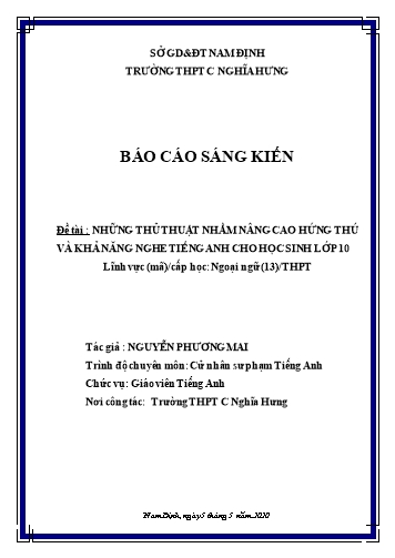 Sáng kiến kinh nghiệm Những thủ thuật nhầm nâng cao hứng thú và khả năng nghe Tiếng Anh cho học sinh lớp 10