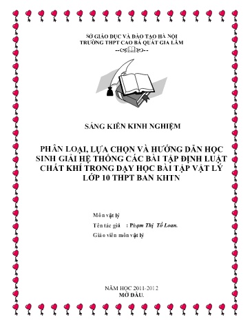 Sáng kiến kinh nghiệm Phân loại, lựa chọn và hướng dẫn học sinh giải hệ thống các bài tập định luật chất khí trong dạy học bài tập Vật lý lớp 10 THPT ban khoa học tự nhiên