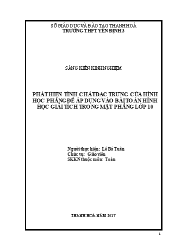 Sáng kiến kinh nghiệm Phát hiện tính chất đặc trưng của hình học phẳng để áp dụng vào bài toán hình học giải tích trong mặt phẳng lớp 10