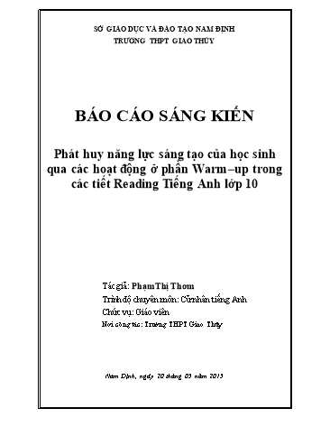 Sáng kiến kinh nghiệm Phát huy năng lực sáng tạo của học sinh qua các hoạt động ở phần Warm–up trong các tiết Reading Tiếng Anh lớp 10