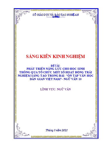 Sáng kiến kinh nghiệm Phát triển năng lực cho học sinh thông qua tổ chức một số hoạt động trải nghiệm sáng tạo trong bài “Ôn tập văn học dân gian Việt Nam” - Ngữ văn 10