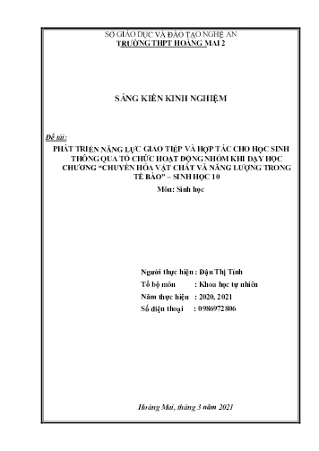 Sáng kiến kinh nghiệm Phát triển năng lực giao tiếp và hợp tác cho học sinh thông qua tổ chức hoạt động nhóm khi dạy học chương “Chuyển hóa vật chất và năng lượng trong tế bào” – Sinh học 10