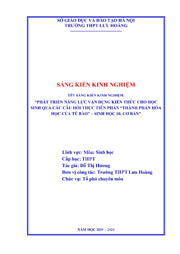 Sáng kiến kinh nghiệm Phát triển năng lực vận dụng kiến thức cho học sinh qua các câu hỏi thực tiễn phần “Thành phần hoá học của tế bào” - Sinh học 10, cơ bản