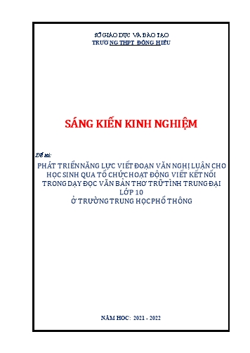 Sáng kiến kinh nghiệm Phát triển năng lực viết đoạn văn nghị luận cho học sinh qua tổ chức hoạt động viết kết nối trong dạy đọc văn bản thơ trữ tình trung đại lớp 10 ở trường THPT