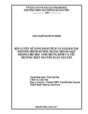 Sáng kiến kinh nghiệm Rèn luyện kĩ năng phân tích và giải bài tập phương trình đường thẳng trong mặt phẳng cho học sinh trung bình và yếu trường THPT Nguyễn Xuân Nguyên