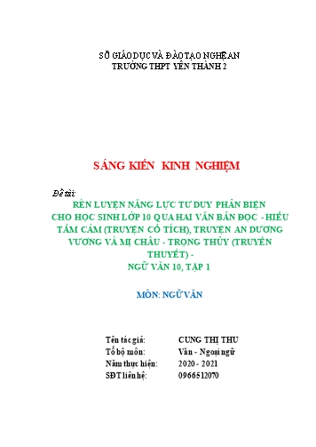 Sáng kiến kinh nghiệm Rèn luyện năng lực tư duy phản biện cho học sinh lớp 10 qua hai văn bản đọc - Hiểu Tấm Cám, Truyện An Dương Vương và Mị Châu - Trọng Thủy