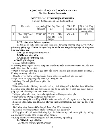 Sáng kiến kinh nghiệm Sử dụng phương pháp dạy học theo góc trong giảng dạy “Nhóm Halogen” lớp 10 nhằm tạo hứng thú học tập và nâng cao hiệu quả giảng dạy