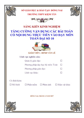 Sáng kiến kinh nghiệm Tăng cường vận dụng các bài toán có nội dung thực tiễn vào dạy học nội dung môn toán Đại số 10 - THPT