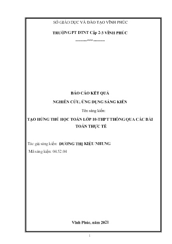 Sáng kiến kinh nghiệm Tạo hứng thú học Toán lớp 10 - THPT thông qua các bài toán thực tế