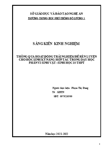 Sáng kiến kinh nghiệm Thông qua hoạt động trải nghiệm để rèn luyện kỹ năng hợp tác cho học sinh trong dạy học phần vi sinh vật - Sinh học 10 THPT