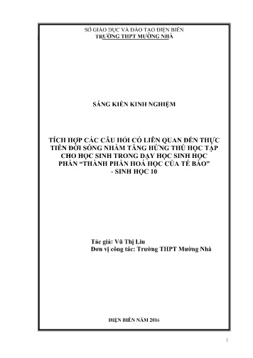 Sáng kiến kinh nghiệm Tích hợp các câu hỏi có liên quan đến thực tiễn đời sống nhằm tăng hứng thú học tập cho học sinh trong dạy học sinh học phần Thành phần hoá học của tế bào - Sinh học 10