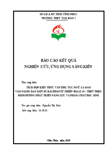 Sáng kiến kinh nghiệm Tích hợp kiến thức văn thơ, tục ngữ, ca dao vào giảng dạy một số bài phần tự nhiên Địa lí 10 - THPT theo hướng phát triển năng lực và phẩm chất học sinh