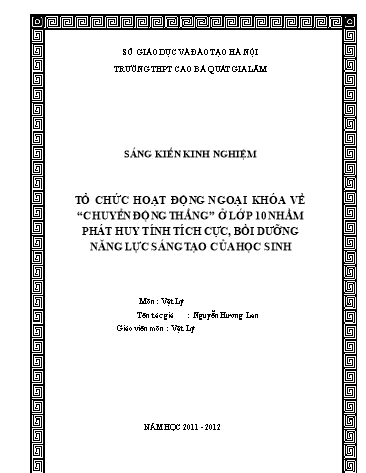 Sáng kiến kinh nghiệm Tổ chức hoạt động ngoại khóa về “chuyển động thẳng” ở lớp 10 nhằm phát huy tính tích cực, bồi dưỡng năng lực sáng tạo của học sinh