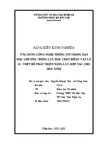 Sáng kiến kinh nghiệm Ứng dụng công nghệ thông tin trong dạy học chương “Động lực học chất điểm” Vật lí lớp 10 trung học phổ thông để Phát triển năng lực hợp tác cho học sinh