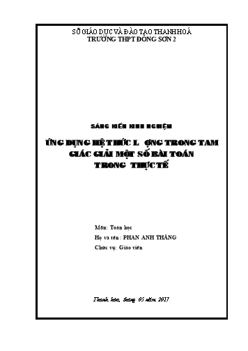 Sáng kiến kinh nghiệm Ứng dụng hệ thức lượng trong tam giác giải một số bài toán trong thực tế