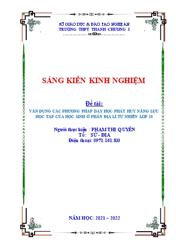 Sáng kiến kinh nghiệm Vận dụng các phương pháp dạy học phát huy năng lực học tập của học sinh ở phần Địa lí tự nhiên lớp 10