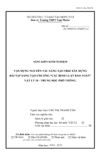 Sáng kiến kinh nghiệm Vận dụng nguyên tắc sáng tạo TRIZ xây dựng bài tập sáng tạo chương “Các định luật bảo toàn” Vật lý 10 - Trung học phổ thông