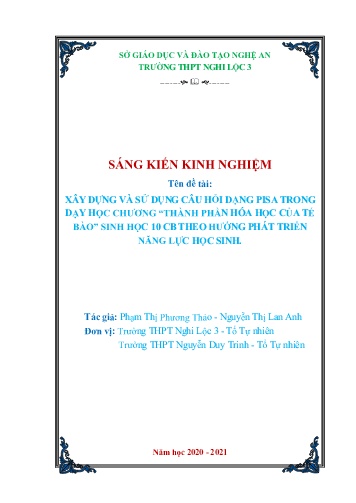 Sáng kiến kinh nghiệm Xây dựng và sử dụng câu hỏi dạng PISA trong dạy học chương Thành phần hóa học của tế bào - Sinh học 10 cơ bản theo hướng phát triển năng học sinh