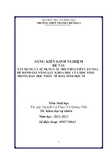 Sáng kiến kinh nghiệm Xây dựng và sử dụng câu hỏi theo tiếp cận PISA để đánh giá năng lực khoa học của học sinh trong dạy học phần tế bào, Sinh học 10