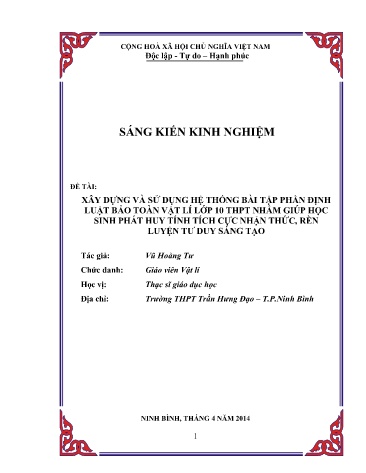 Sáng kiến kinh nghiệm Xây dựng và sử dụng hệ thống bài tập phần Định luật bảo toàn Vật lí lớp 10 THPT nhằm giúp học sinh phát huy tính tích cực nhận thức, rèn luyện tư duy sáng tạo